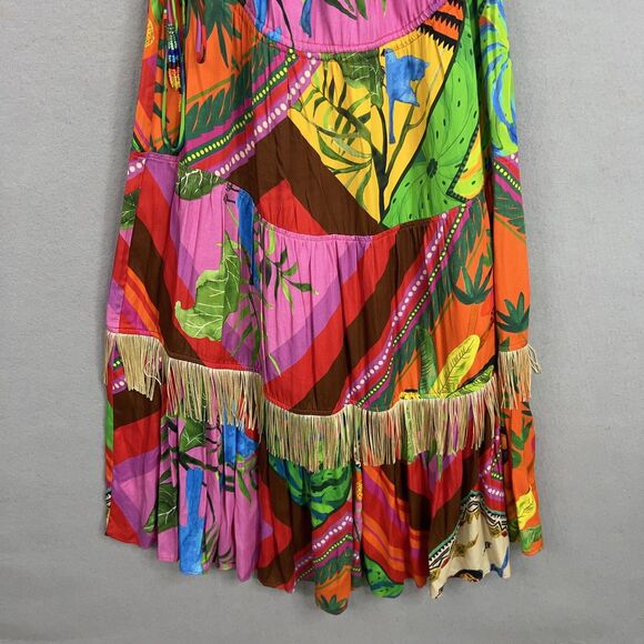 Farm Rio Dress Womens Large Bright Palila Fringed Midi Tropical Boho Beaded Loud - Picture 3 of 16